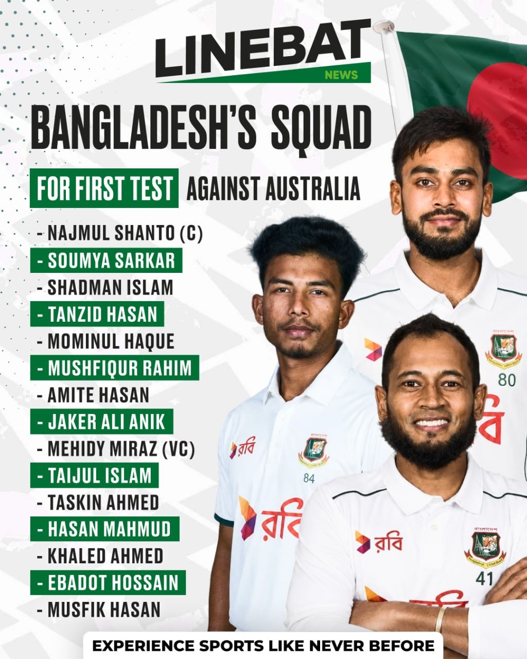 Bangladesh Name 15-Member Squad for First Test Against Australia
