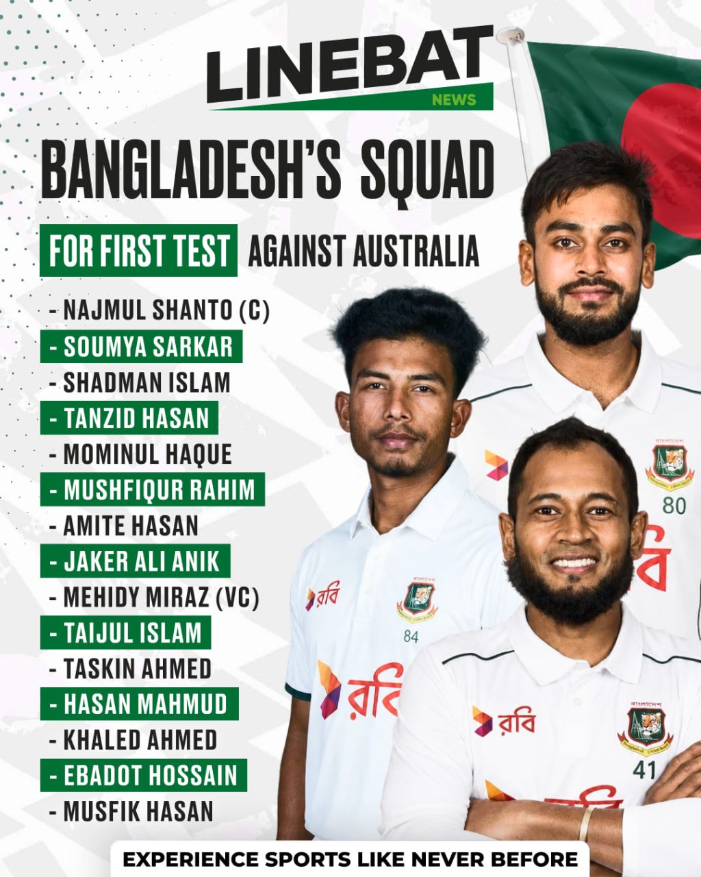 Bangladesh Name 15-Member Squad for First Test Against Australia